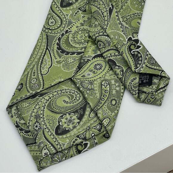 Pronto-Uomo Green Silver Paisley Pure Silk Career Office Necktie NWOT - Picture 3 of 6